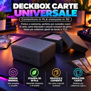Puede incluir: Una caja para cartas de PLA impresa en 3D en color gris oscuro. El contenedor rectangular cuenta con una tapa extraíble y un acabado texturizado. La imagen incluye el texto DECKBOX CARTE UNIVERSALE, Contenitore in PLA stampato in 3D, y varios iconos con etiquetas como DESIGN MINIMAL, STAMPA 3D IN PLA, PRATICO E CAPIENTE e IDEALE PER CARTE.