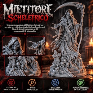 Op de afbeelding: Een grijs 3D-geprint skeletachtige maaierfiguur met een schedel met kap, gescheurde gewaden en een zeis. De basis is versierd met meerdere menselijke schedels en een kruis. De tekst MIETITORE SCHELETRICO is bovenaan de afbeelding zichtbaar.
