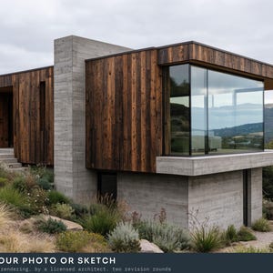 May include: A modern house featuring a combination of smooth gray concrete walls and dark vertical wood paneling. The structure includes large floor-to-ceiling glass windows, a flat roof, and a cantilevered section overlooking a hilly landscape.