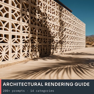 Puede incluir: Un muro de bloques de hormigón beige con un patrón geométrico repetitivo de recortes curvos. El muro proyecta largas sombras oscuras de hojas de palmera sobre el suelo. El texto ARCHITECTURAL RENDERING GUIDE 200+ prompts 14 categories es visible.