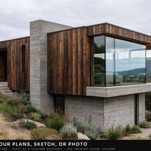 May include: A modern house featuring a combination of smooth gray concrete walls and vertical dark brown wood paneling. The structure includes a large corner glass window, a flat roofline, and a concrete base, set against a hilly landscape.