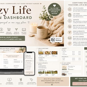 May include: A digital Notion template titled Cozy Life Admin Dashboard, featuring a laptop and smartphone displaying organizational layouts, life admin categories, financial trackers, meal planning, and goal setting tools for home and life management.