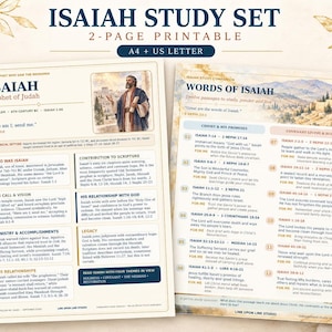 May include: A two-page Isaiah study set printable in A4 and US Letter sizes. The document features text about the prophet Isaiah, including his call, vision, and legacy, alongside a list of scripture passages titled Words of Isaiah.