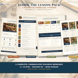 May include: A digital lesson pack titled A Marvellous Work and a Wonder, featuring multiple pages with text, headers, and imagery. The documents include a teaching flow, class handout, and six bookmarks, all formatted as print-ready PDF files.