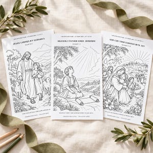 May include: Three white rectangular colouring pages featuring black line art illustrations of biblical scenes. The left page shows Jesus with a child and sheep, the centre page depicts Jeremiah, and the right page shows a family scene with text.