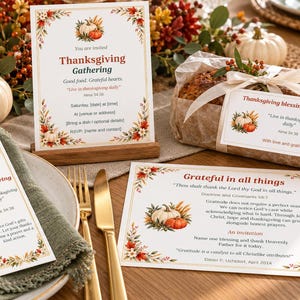 Könnte beinhalten: Ein Thanksgiving-Schreibwarenset bestehend aus einer vertikalen Einladung, einer horizontalen Karte und einem Lesezeichen, verziert mit Kürbis- und Herbstblattmotiven, mit Texten über Dankbarkeit und Einladungsdetails.