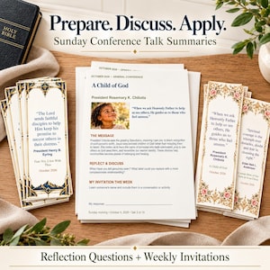 Peut inclure: Un ensemble de documents d'étude imprimés intitulés Prepare. Discuss. Apply. Sunday Conference Talk Summaries, comprenant une page de résumé centrale pour A Child of God, ainsi que plusieurs marque-pages décoratifs aux bordures dorées, bleues ou florales.