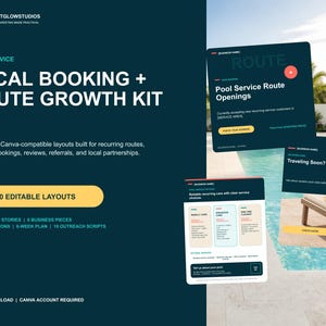 Peut inclure: Un kit de marketing numérique pour services de piscine comprenant 40 mises en page Canva modifiables, incluant des publications, stories et documents commerciaux. Le design bleu sarcelle affiche le texte LOCAL BOOKING + ROUTE GROWTH KIT et 40 EDITABLE LAYOUTS, avec des aperçus de modèles.