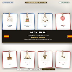 Op de afbeelding: Een digitale collectie van Spaanse B1-woordenschatkaarten met aquarelillustraties. De kaarten tonen woorden zoals el tiempo, el conocimiento, el derecho, la parada, la razon, la verdad, la culpa en la oportunidad met Engelse vertalingen.