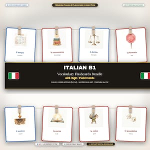 May include: A digital collection of Italian B1 vocabulary flashcards featuring 435 high-yield cards. The cards display watercolor illustrations, Italian words, and English translations, organized with color-coded articles and printable A4 PDF format.