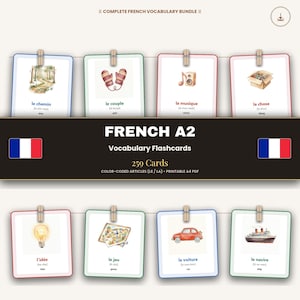 May include: A digital collection of 259 French A2 vocabulary flashcards featuring watercolor illustrations of objects like a path, mittens, music, a box, a lightbulb, a game, a car, and a ship, all hanging from a string with wooden clips.
