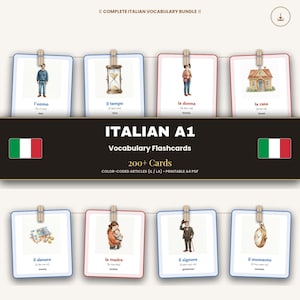 May include: A set of Italian A1 vocabulary flashcards featuring illustrations of a man, hourglass, woman, house, money, mother, gentleman, and pocket watch. Each card is clipped to a string, with text labels in Italian and English below images.