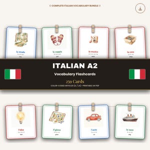 May include: A digital download of Italian A2 vocabulary flashcards featuring 259 cards. The display shows eight cards hanging on a line, each with a watercolor illustration, the Italian word, and its English translation, color-coded by article.