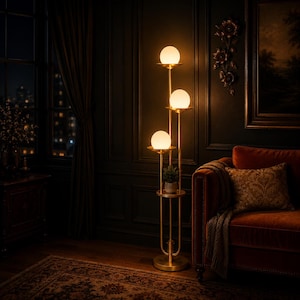 May include: A tall floor lamp with a brushed gold metal frame featuring three vertical tiers. Each tier holds a spherical white glass globe light. A small circular shelf is integrated into the middle section, holding a small potted green plant.