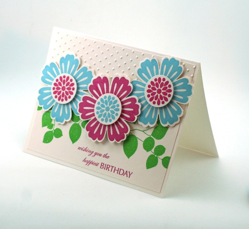 Flowers Birthday Card Happy Birthday Blank Card Blue and Etsy