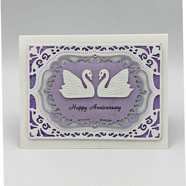 white swans anniversary card, Romantic I love you, Purple filigree happy anniversary blank card