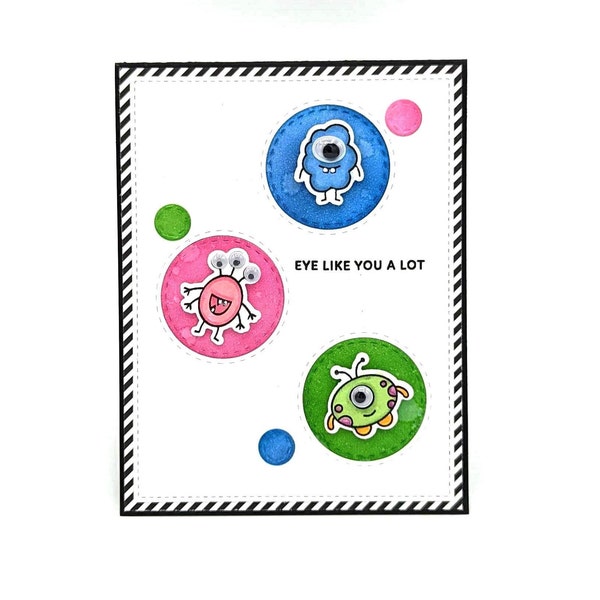 cute monster card,  Eye like you blank card, fun children's card, aliens with google eyes, Hello card