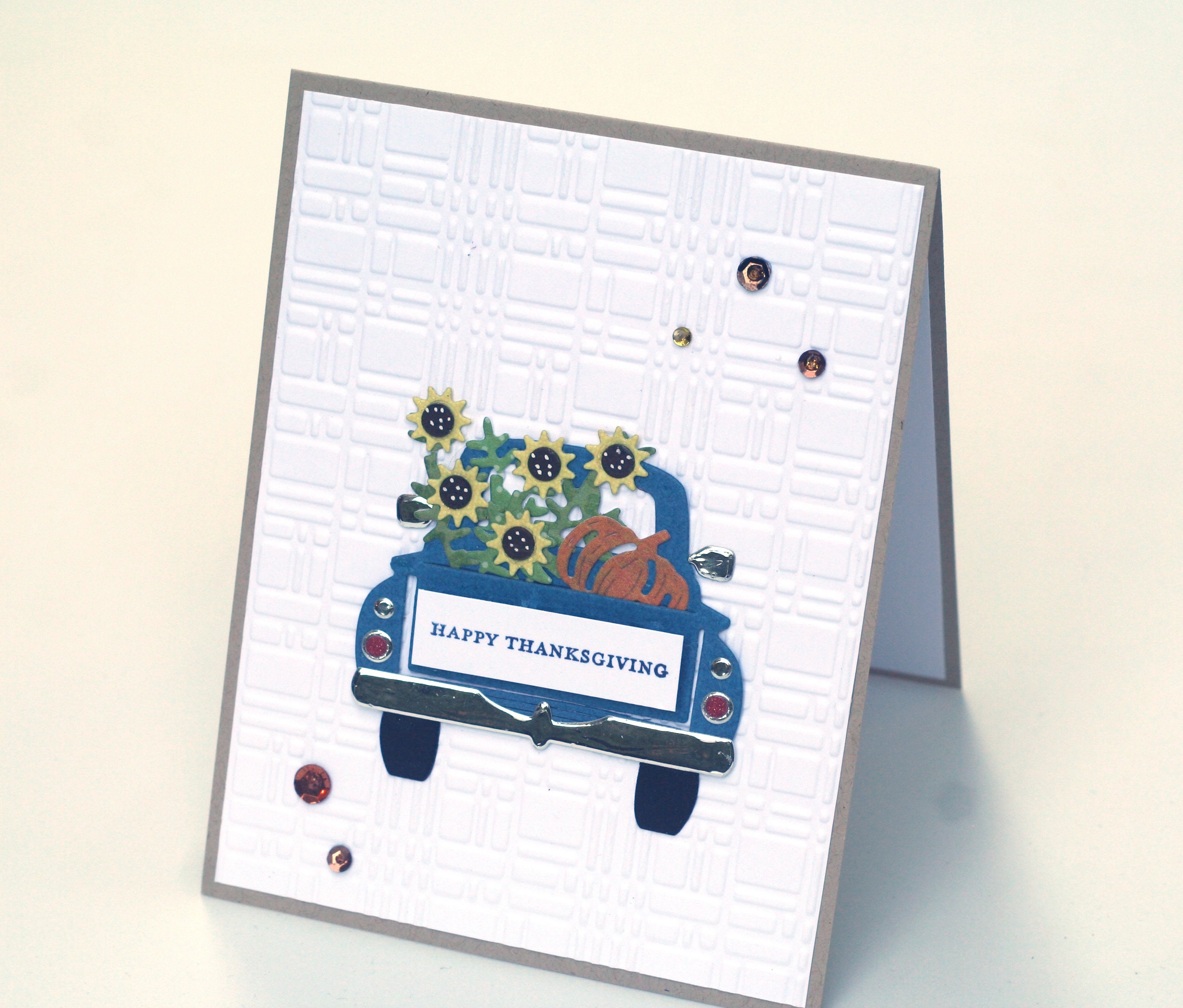 Happy Thanksgiving card blue truck blank card sunflowers