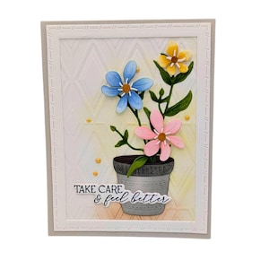 May include: A greeting card with a white background and a gray border. The card features a potted plant with three flowers in shades of blue, pink, and yellow. The text "Take care & feel better" is printed on the card.