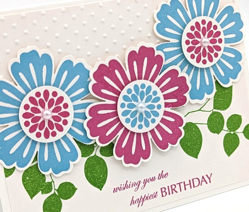Flowers Birthday Card Happy Birthday Blank Card Blue and Etsy