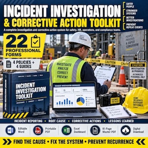 May include: An Incident Investigation and Corrective Action Toolkit featuring a binder, a laptop displaying an investigation dashboard, a clipboard, a camera, and a yellow hard hat. The text includes 22 professional forms, 4 policies, and 4 guides.