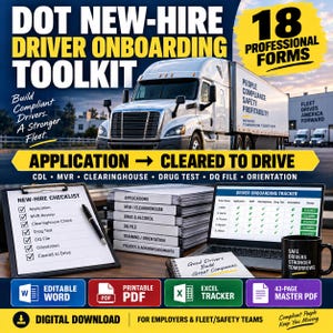 May include: A DOT new-hire driver onboarding toolkit featuring 18 professional forms, a checklist, a laptop with a driver onboarding tracker, and a black mug. The digital download includes editable Word, printable PDF, and Excel tracker files.