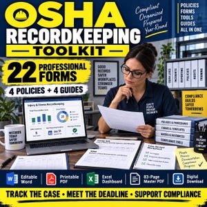 May include: An OSHA Recordkeeping Toolkit featuring 22 professional forms, 4 policies, and 4 guides. The set includes a laptop displaying injury and illness recordkeeping data, printed forms, a case review worksheet, and a mug with text.