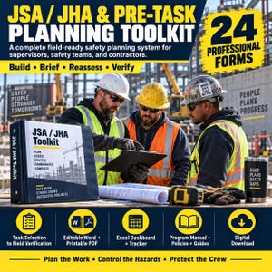 May include: A JSA/JHA and pre-task planning toolkit binder featuring 24 professional forms. The black binder displays the text JSA/JHA Toolkit, Plan, Assess, Control, Communicate, Complete, and Safe Work Strong Crews Successful Projects.