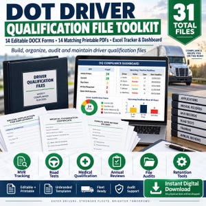 May include: A Dot Driver Qualification File Toolkit featuring a black binder, a laptop displaying a DQ Compliance Dashboard, and stacks of printed forms including Driver Application, Medical Examination Certificate, and Annual MVR Review Record.