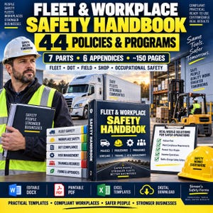 May include: A Fleet & Workplace Safety Handbook featuring 44 policies and programs, 7 parts, 6 appendices, and 150 pages. The set includes a binder, a clipboard with a checklist, and a yellow hard hat, all displayed with industrial imagery.