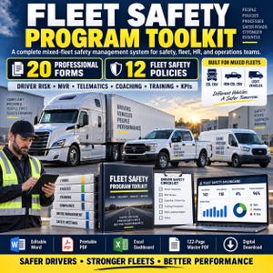 May include: A Fleet Safety Program Toolkit featuring a binder, a digital dashboard on a laptop, and a driver safety checklist. The toolkit includes 20 professional forms and 12 policies for mixed fleets, with icons for Word, PDF, and Excel file formats.