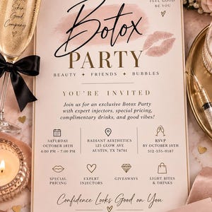Puede incluir: Una tarjeta de invitación rectangular para una fiesta de Botox con texto dorado y una impresión de labios rosa. La tarjeta detalla un evento el sábado 18 de octubre en Radiant Aesthetics en Austin, TX, con inyectores expertos y regalos.