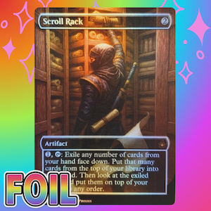 May include: A rectangular trading card titled Scroll Rack featuring a hooded figure in dark clothing reaching for a scroll on a wooden shelf. The card displays game text, a mana cost of 2, and an artifact type label. The artwork is set in a library.