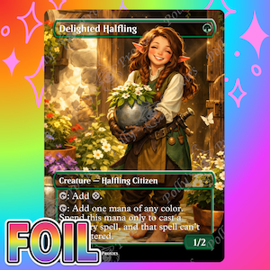 May include: A trading card titled Delighted Halfling featuring a smiling halfling with braided brown hair holding a round pot of white flowers. The card text includes Creature - Halfling Citizen, mana abilities, and a power and toughness of 1/2.