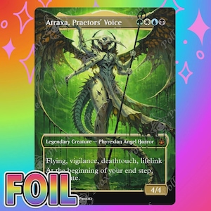 May include: A collectible trading card titled Atraxa, Praetors' Voice, featuring a four-winged, pale, armored creature holding a long staff. The card displays green, white, blue, and black mana symbols, with text detailing its abilities and 4/4 stats.