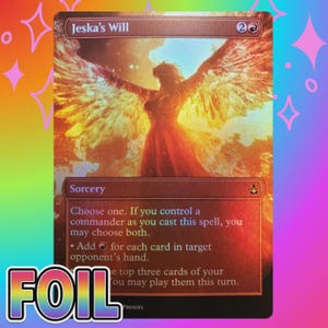May include: A foil trading card titled Jeska's Will featuring a central figure with large, glowing wings spread wide against a fiery orange and yellow background. The card text includes Sorcery, mana costs, and game instructions in white font.
