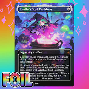 May include: A Magic: The Gathering trading card titled Agatha's Soul Cauldron, a legendary artifact. The artwork depicts a figure in a purple cloak and hat stirring a glowing cauldron amidst a dark, magical background with green orbs and skulls.