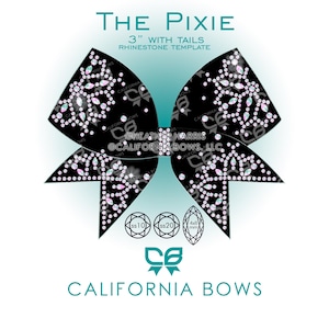 May include: Black rhinestone template bow with the text "THE PIXIE" and "3" WITH TAILS RHINESTONE TEMPLATE". The bow has a snowflake design and the text "CALIFORNIA BOWS".