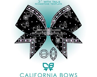 May include: A black bow-shaped rhinestone template labeled The Lottie 3" with tails. The design features clear crystal accents in round and marquise shapes. Text includes California Bows, LLC, Heather Harris, and stone size specifications ss10 and 4x8 mm.