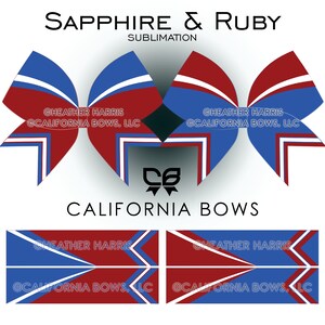 May include: A red, white, and blue cheer bow with the text "Sapphire & Ruby Sublimation" and "Heather Harris OCalifornia Bows, LLC" on it.