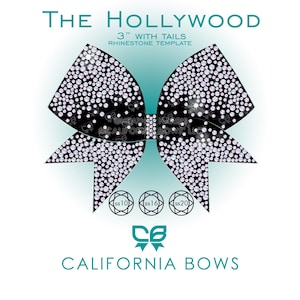 Può includere: Il modello di strass The Hollywood 3" with tails presenta una forma a fiocco nera riempita con motivi di strass circolari. Sotto il fiocco ci sono tre cerchi etichettati ss10, ss16 e ss20. Il testo California Bows e un logo sono in basso.