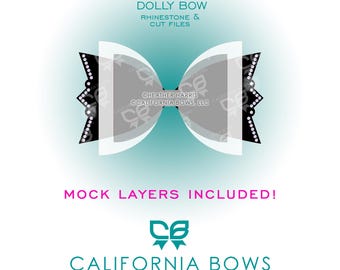 Może przedstawiać: Projekt graficzny kokardy Dolly, z warstwowym projektem kokardy z akcentami z dżetów. Tekst zawiera "Bottom Layer Dolly #5", "Dolly Bow" i "California Bows". Dołączone są warstwy próbne.