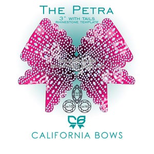 Puede incluir: Una plantilla de pedrería rosa titulada The Petra 3" with tails, que presenta un diseño de lazo festoneado cubierto de pequeños cristales transparentes. El gráfico incluye etiquetas de texto para Heather Harris, California Bows, LLC, y tamaños ss10, ss16 y 4x8 mm.