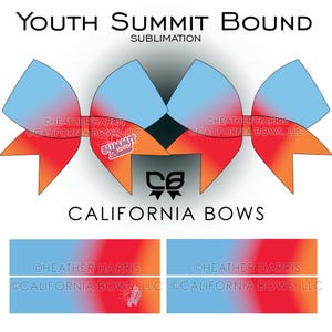 May include: A red, orange and blue ombre cheer bow with the text "Youth Summit Bound" and "California Bows" in white. The bow is decorated with a white graphic of fireworks and the text "Summit Bound".