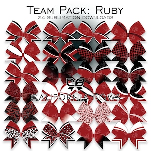 Puede incluir: Una colección de 24 diseños de sublimación digitales con lazos para el cabello en varios patrones rojos, negros y blancos. El texto dice TEAM PACK: RUBY, 24 SUBLIMATION DOWNLOADS y CALIFORNIA BOWS, con un icono de logotipo CB central.