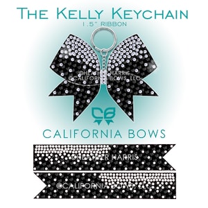 May include: Black bow-shaped keyring with a silver ring. The bow is decorated with white rhinestones and small white polka dots. Text on the image reads "The Kelly Keychain" and "California Bows".