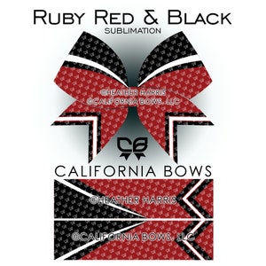 May include: A red and black cheer bow with a white stripe and a pattern of small white bows. The bow is tied with a black ribbon and has the text "Heather Harris" and "California Bows, LLC" printed on it.
