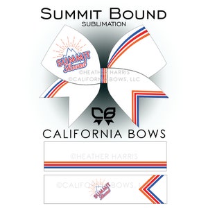 May include: A white cheer bow with a red, orange and blue striped design. The bow features a logo with the text "Summit Bound" and a mountain graphic. The bow also has the text "California Bows" and "Heather Harris" on it.