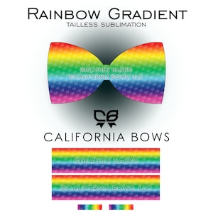 May include: Rainbow gradient bow tie with a white background. The bow tie is made of a rainbow fabric with a pattern of small white butterflies. The text "HEATHER HARRIS" and "@CALIFORNIA BOWS, LLC" is printed on the bow tie.