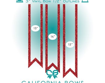 May include: Image features three red glitter vinyl bow outlines, measuring 13", 14", and 15" in length. The text "TIMESAVERS" and "CALIFORNIA BOWS" are displayed at the top and bottom, respectively. The bow outlines are 3" wide with 1/2" outlines.